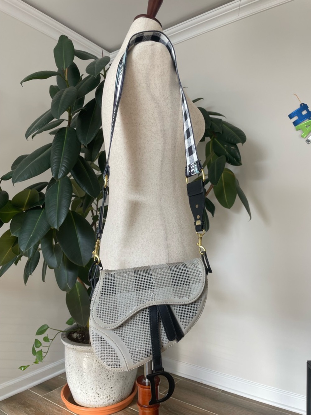 Saddle Bag with Checked Branded Strap